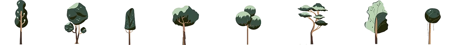 A row of animated trees of different shapes and sizes